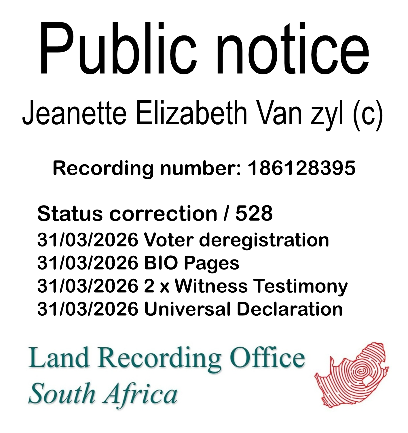 Public notice Jeanette Elizabeth Van zyl Recording number 186128395